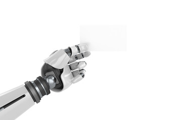 Digital composite image of white robotic arm holding placard