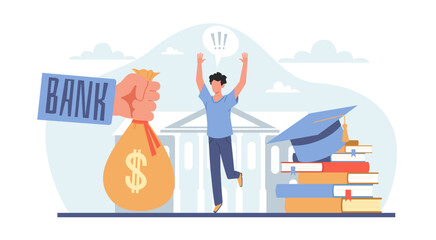 Student loans, investment in knowledge, young person gets money for college or university. Happy man with money from bank, money in education cartoon flat illustration. Vector finance concept