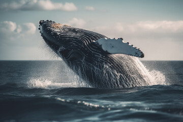 Fototapeta premium A whale jumps out of the water in the ocean.
