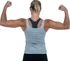 Rear view of muscular woman flexing muscles 