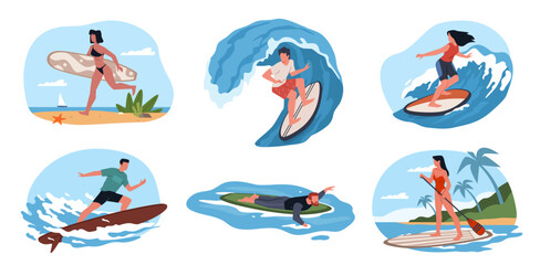 Surfers characters. People on boards dissect sea and ocean waves, beach sport, extreme athletes, profession and hobby, men and women on tropical resort water activities, nowaday vector set
