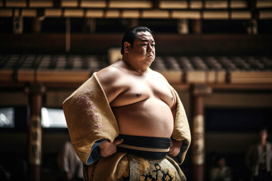 Portrait of Japanese sumo wrestler in Dohyo. Generative AI. 