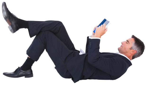 Businessman lying while reading book on white background - Powered by Adobe