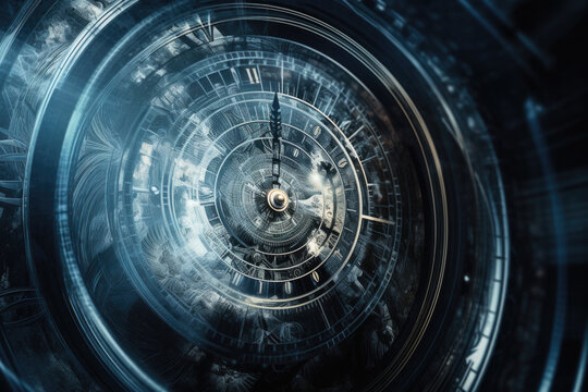 Large futuristic clock showing the passage of time. Generative AI. 