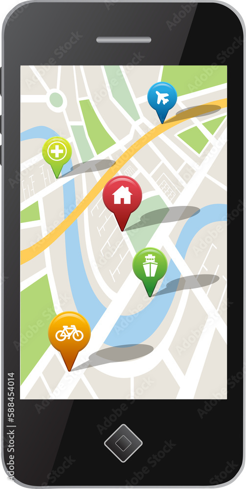 Poster digital composite of navigation pointers on mobile phone screen