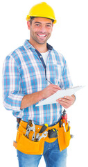 Portrait of smiling handyman writing on clipboard