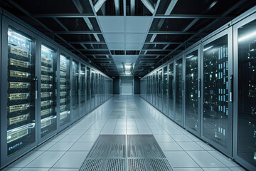 Computer server room in building. Generative AI. 