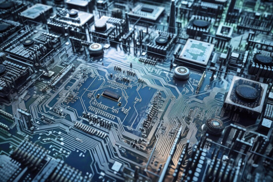 Computer circuit board and chips as a city. Generative AI. 