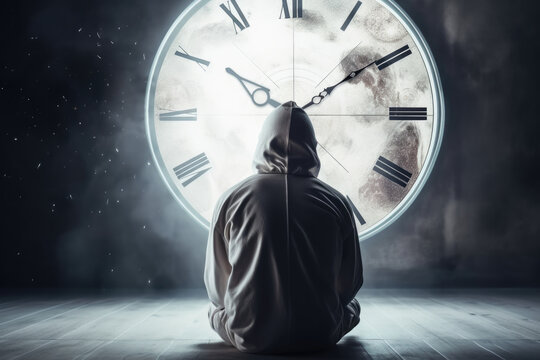 Man sitting in front of a large clock illustrating passage of time. Future retro. Generative AI. 