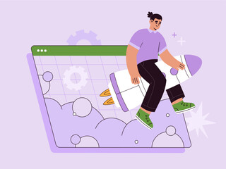 Man sitting on flying space rocket. Successful business start up, launching new project. Creative, innovative idea. Vector illustration isolated on purple background, flat cartoon style