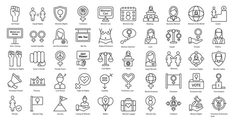 Feminism Thin Line Icons Woman Gender Equality Iconset in Outline Style 50 Vector Icons in Black