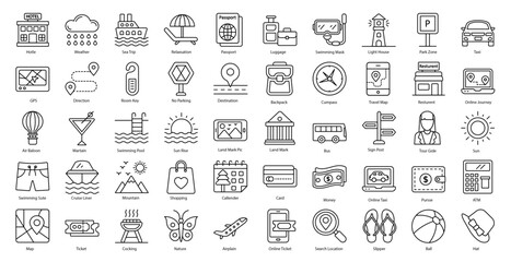 Fototapeta na wymiar Vacation Thin Line Icons Vacations Travel Iconset in Outline Style 50 Vector Icons in Black