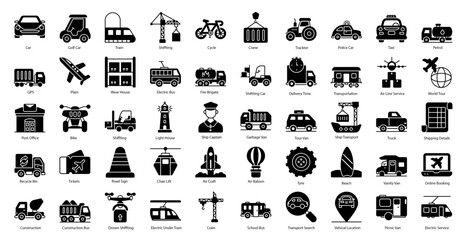 Transporation Glyph Icons Transport Car Train Iconset in Glyph Style 50 Vector Icons in Black