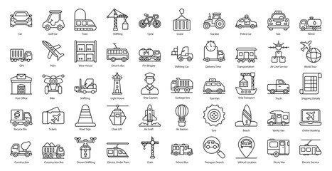 Transportation Thin Line Icons Transport Car Train Iconset in Outline Style 50 Vector Icons in Black