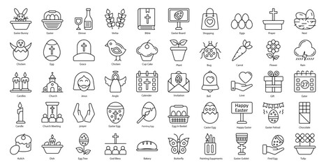 Fototapeta na wymiar Easter Thin Line Icons Religion Festival Eggs Iconset in Outline Style 50 Vector Icons in Black