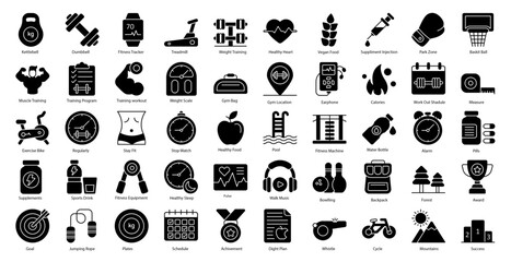 Fitness Glyph Icons Workout Healthy Weight Training Iconset in Glyph Style 50 Vector Icons in Black