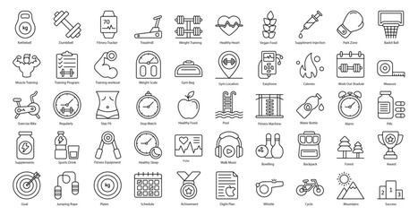 Fitness Thin Line Icons Workout Healthy Weight Training Iconset in Outline Style 50 Vector Icons in Black