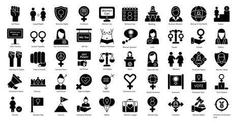 Feminism Glyph Icons Woman Gender Equality Iconset in Glyph Style 50 Vector Icons in Black
