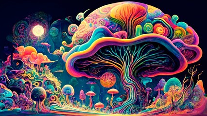Trippy and psychedelic artwork with surreal landscape in Retro hippie style, Generative AI