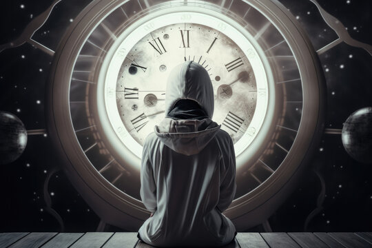 Futuristic woman sitting in front of clock illustrating passage of time. Generative AI. 