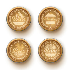 Wooden barrels tops emblems. Realistic oak round signs with alcoholic beverages inscriptions, different isolated oak bar decoration, wine and rum, beer and whiskey storage utter vector 3d set