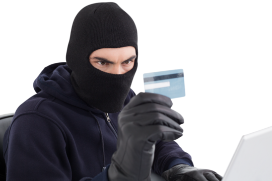 Burglar using credit card and laptop