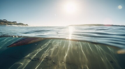 Oceanic Beauty: A Surfboard Floating on Clear Waters with a Breathtaking View of the Ocean, AI-Generated