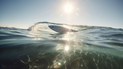 The Beauty of the Ocean: A Surfboard Floating on Clear Waters with a Gorgeous Ocean View, AI-Generated