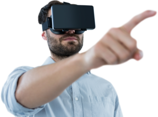 Man pointing while using oculus rift headset