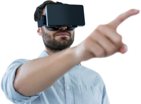 Man pointing while using oculus rift headset