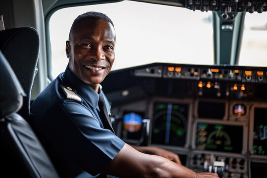 Black pilot sitting in cockpit of airplane. Generative AI. 