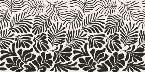 Black and white abstract background with tropical palm leaves in Matisse style. Vector seamless pattern with Scandinavian cut out elements. - obrazy, fototapety, plakaty