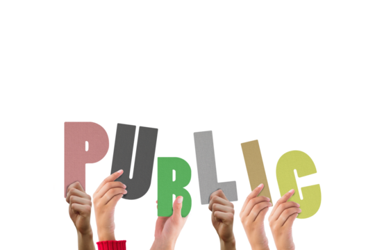 Colorful alphabet spelling public held up by people 