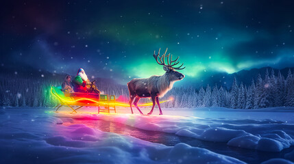 Christmas Santa Riding his Magical Sleigh with Reindeers across a Frozen lake landscape with Stunning Aurora Northern Lights above.