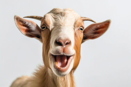 Portrait of a goat with open mouth on a white background.