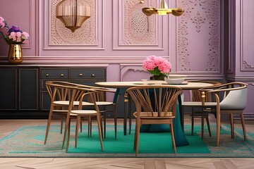 Arabic, Islamic style interior bedroom, lamp, flowers vases with pastel and patterned floor rug