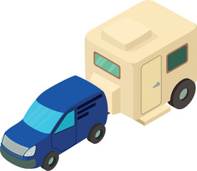 Camping tourism icon isometric vector. New blue car towing camping trailer icon. Outdoor recreation, leisure, hobby