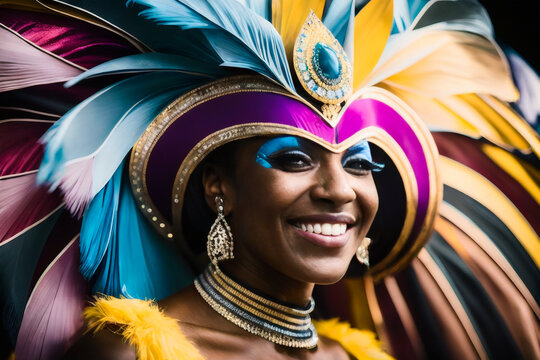 An atmospheric photo of a dazzling hypnotic samba dancer at the Rio Carnival celebrations. Generative AI