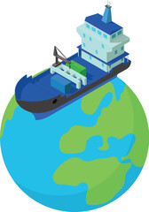 International shipping icon isometric vector. Container ship float around planet. Global logistic, ship delivery