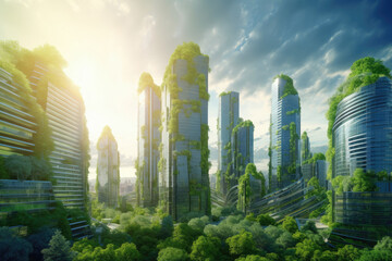 Fototapeta na wymiar Futuristic friendly ecology mega city buildings and towers, green environment city center metropolis, forest and garden in midtown, greenery skyscraper, Sustainable nature with Generative AI