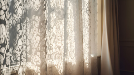 Sunlight on Wall with Shadows from White Lace Curtain