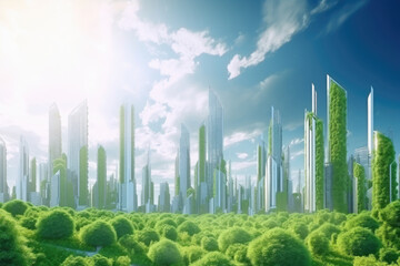 Futuristic friendly ecology mega city buildings and towers, green environment city center metropolis, forest and garden in midtown, greenery skyscraper, Sustainable nature with Generative AI