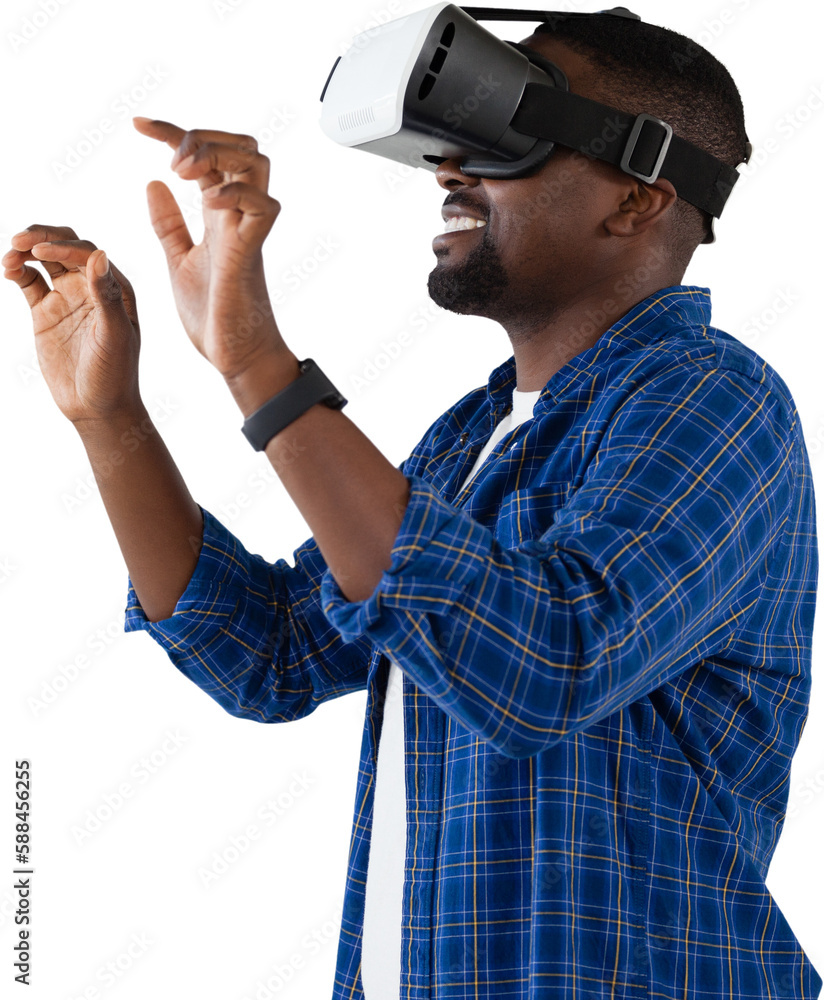 Poster man gesturing while using virtual reality headset