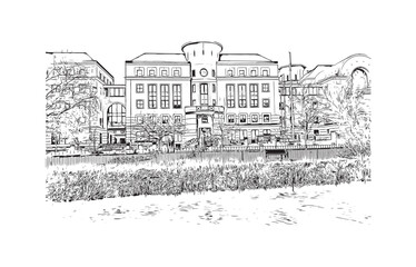 Building view with landmark of Reading is a city of England. Hand drawn sketch illustration in vector.