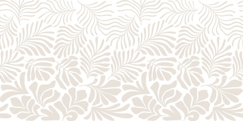 Beige white abstract background with tropical palm leaves in Matisse style. Vector seamless pattern with Scandinavian cut out elements.