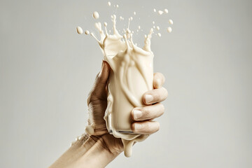 White splash milk in shape of human forms on clean background, pouring of cream or yogurt, calcium products, with Generative AI.