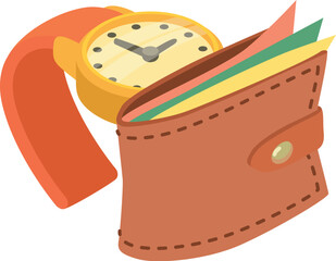 Vacation preparation icon isometric vector. Modern men leather wallet, wristwatch. Summer rest, travel