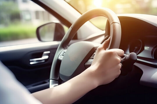 Close up hand holing or controlling steering wheel of car for driving, point of view inside car, on the highway road, with Generative Ai.