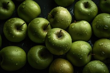 Overhead View of Green Organic Apples with Water Drops