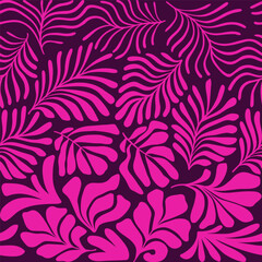 Purple pink abstract background with tropical palm leaves in Matisse style. Vector seamless pattern with Scandinavian cut out elements.